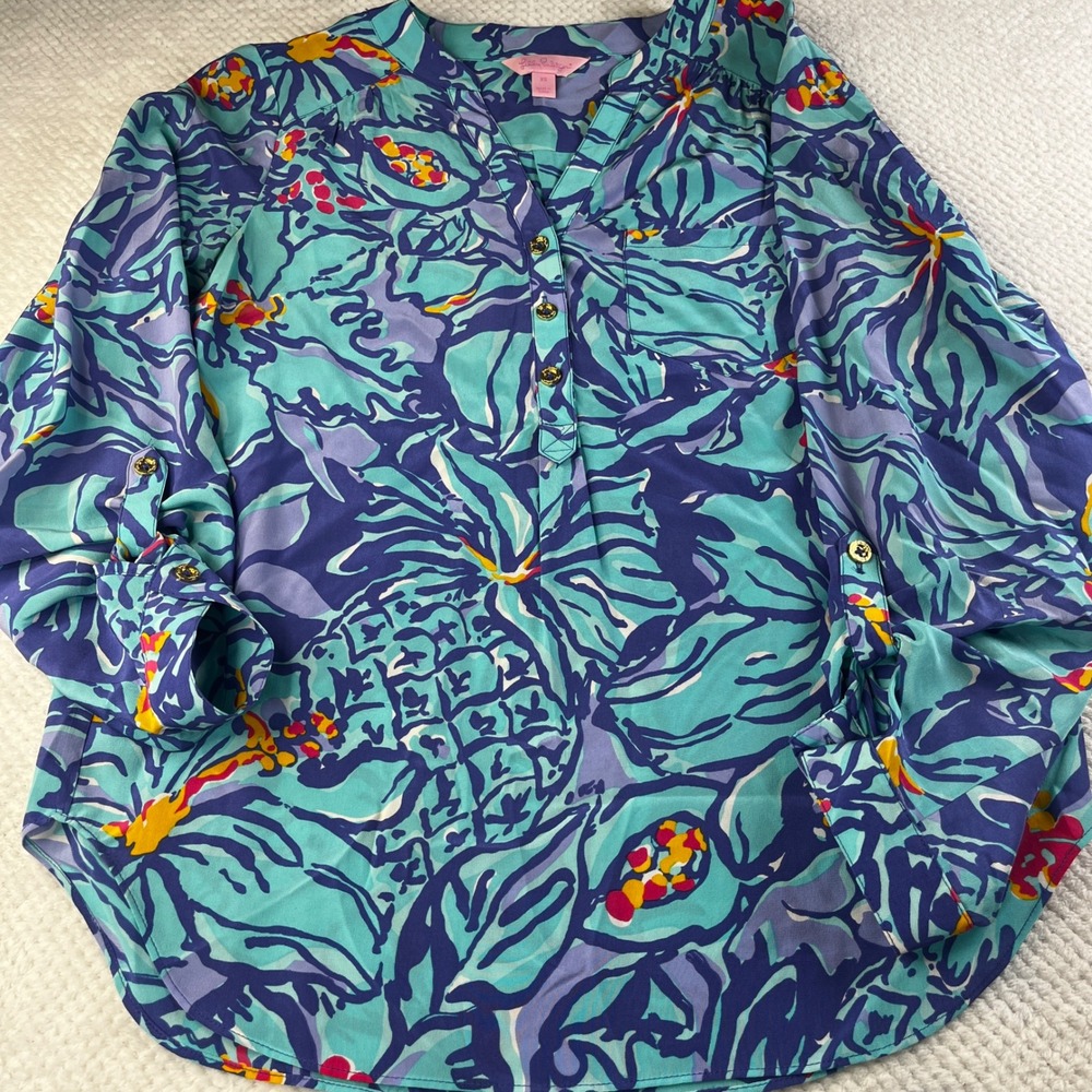 Lilly Pulitzer Elsa Silk Blouse XS Blue Teal Pineapple Floral Long Sleeve Top - Picture 2 of 7
